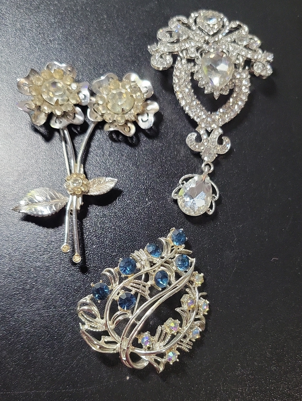 Silver-Tone Floral & Teardrop Crystal Brooch Set - Blue and Clear